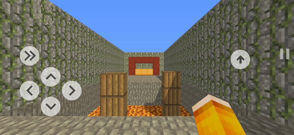 Blocky Parkour 3D - First-person view of a voxel-style parkour level with lava pits and wooden block obstacles