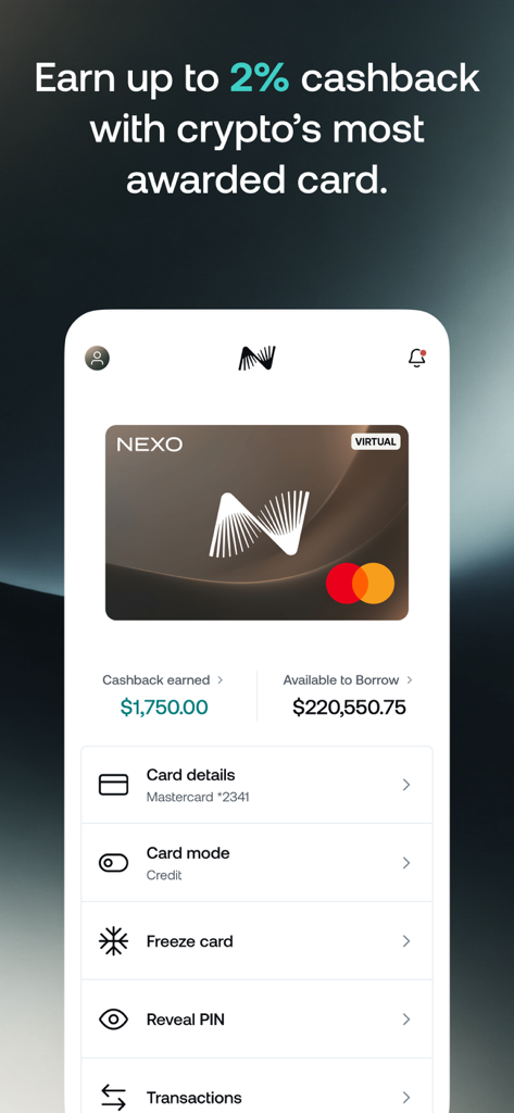Nexo: Crypto Wealth Platform - Interfaccia dell'app Nexo che mostra la Mastercard virtuale in criptovalute con saldo cashback e informazioni sulla linea di credito.