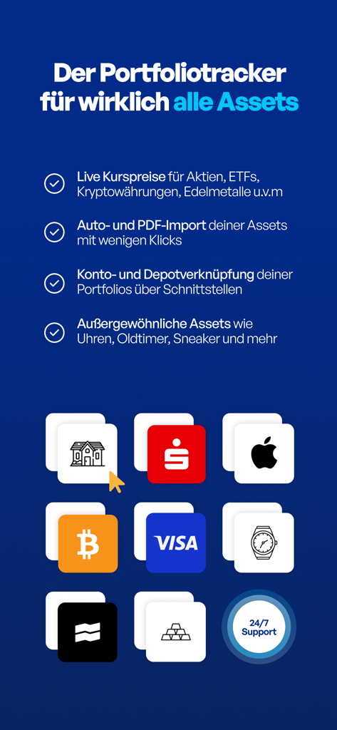 Holistic Portfolio Tracker - Holistic Portfolio Tracker app showing support for diverse assets including stocks, crypto, real estate, and luxury items.