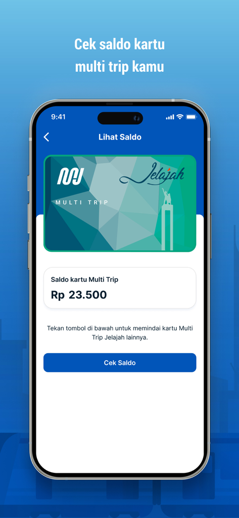 Mobile interface of MyMRTJ app showing MRT Jakarta Multi Trip card balance