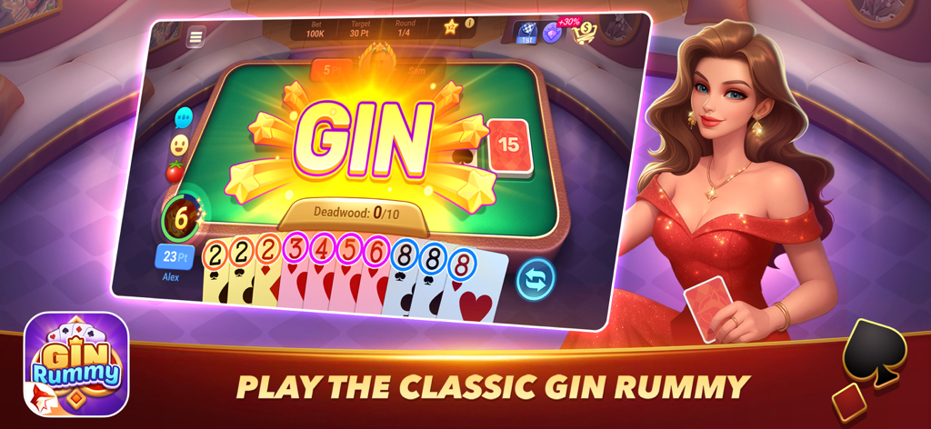 Gin Rummy Zingplay - A modern mobile interface of Gin Rummy ZingPlay showing a classic card match and a GIN victory screen