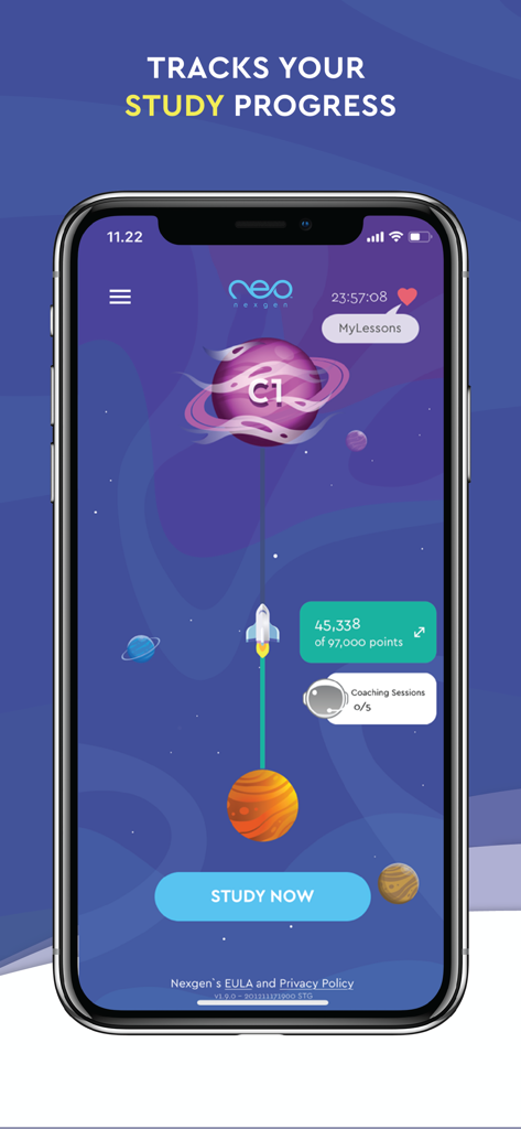 neoStudy - 宇宙をテーマにしたダッシュボードに英語学習の進捗状況とC1レベルのステータスを表示するneoStudyアプリのインターフェース