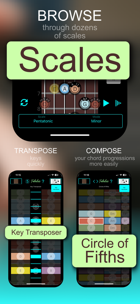 Guitar Chord Finder Fretboard - Interface do aplicativo de guitarra Fabulus mostrando escalas em um transposer de escala e círculo das quintas