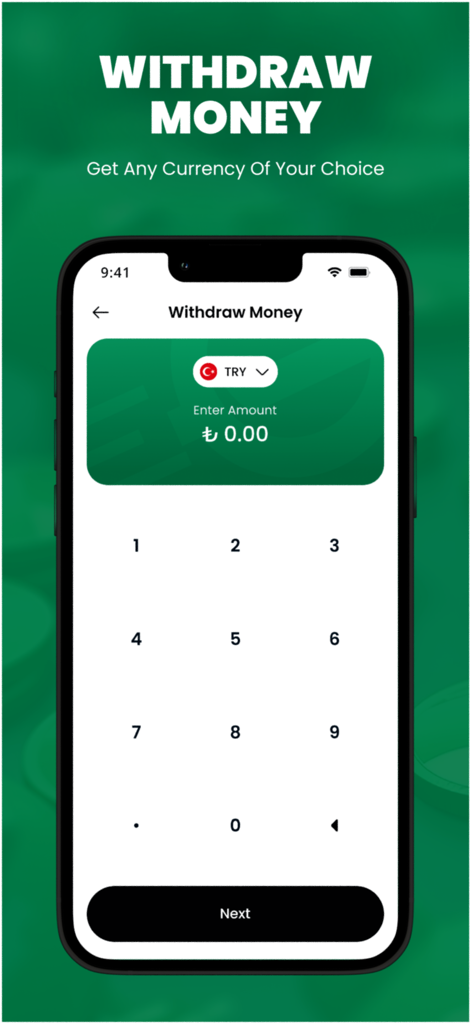 Greep Merchant - Greep Merchant app interface for withdrawing money showing a keypad and currency selection for Turkish Lira