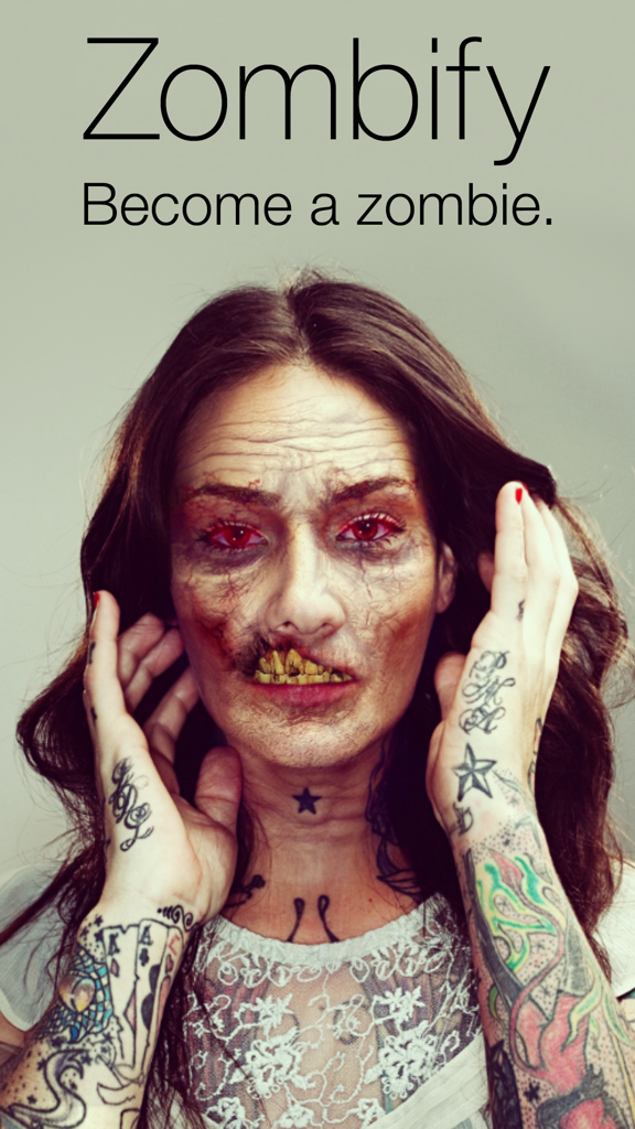 Mujer con tatuajes transformada en una zombi realista y aterradora con ojos rojos y piel podrida usando la app Zombify