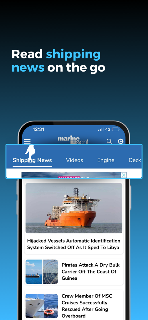 Marine Insight - Marine Insight mobile app interface displaying the shipping news section with maritime articles