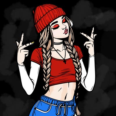 realistic teenage girl with braids and a beanie and crop top doing 🫶🏼