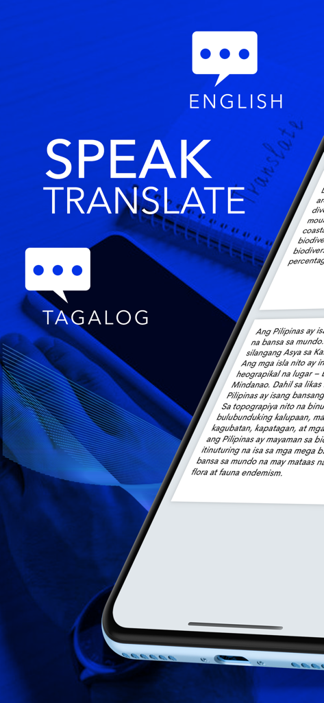 Mobile app interface for Tagalog to English translation showing speak and translate features
