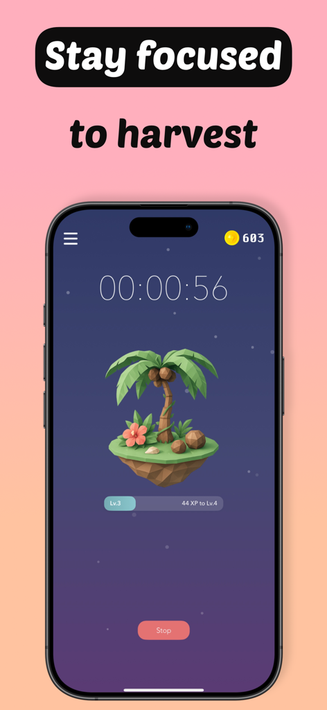 Plantie - Stay focused - 카운트다운과 공중 정원에서 자라는 가상 야자수를 보여주는 Plantie 집중 타이머 인터페이스