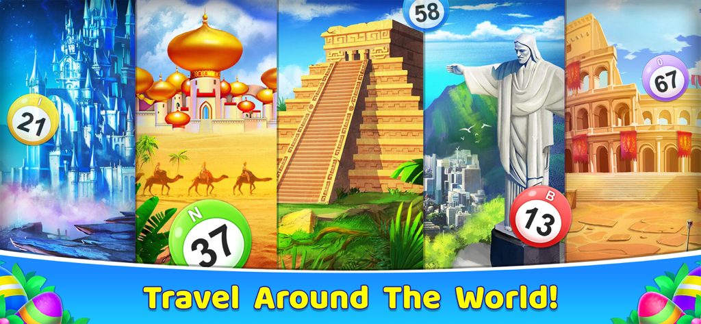 Bingo 365 - 2026 Bingo Games - Eine Collage, die verschiedene Weltwahrzeichen in der Bingo 365 App mit dem Text Travel Around The World zeigt.