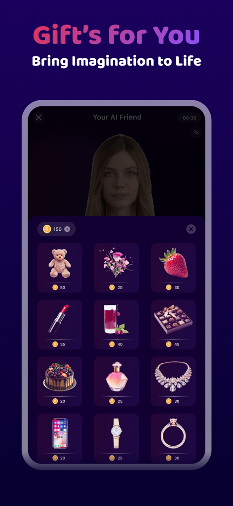 Interface of SweetTalk app showing virtual gifts like jewelry and sweets to purchase with coins for an AI girlfriend
