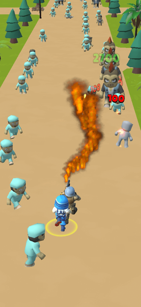 Last Stickman : Zombies War - A blue stickman character uses a flamethrower to defend against a horde of incoming zombies
