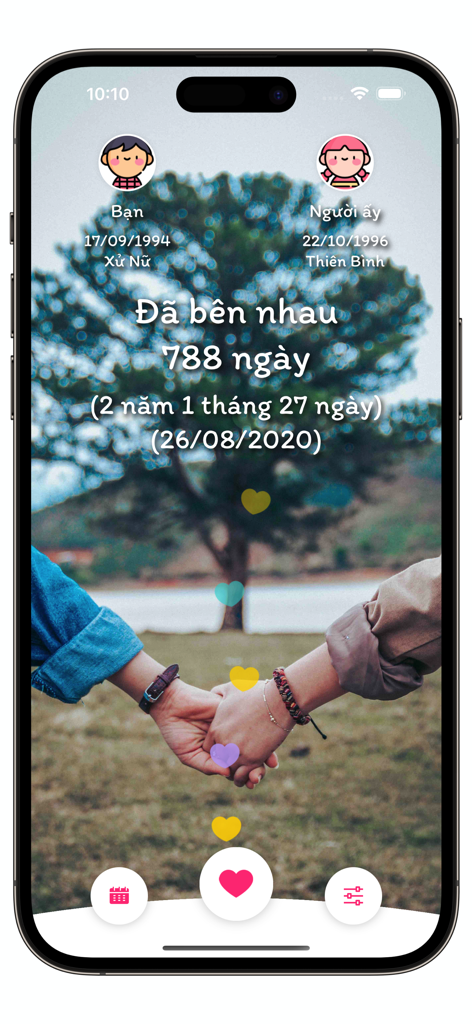 Day Together - Love Days Count - La interfaz de la app Day Together mostrando un contador de relación de 788 días con un fondo romántico de una pareja tomándose de la mano y efectos de corazones cayendo
