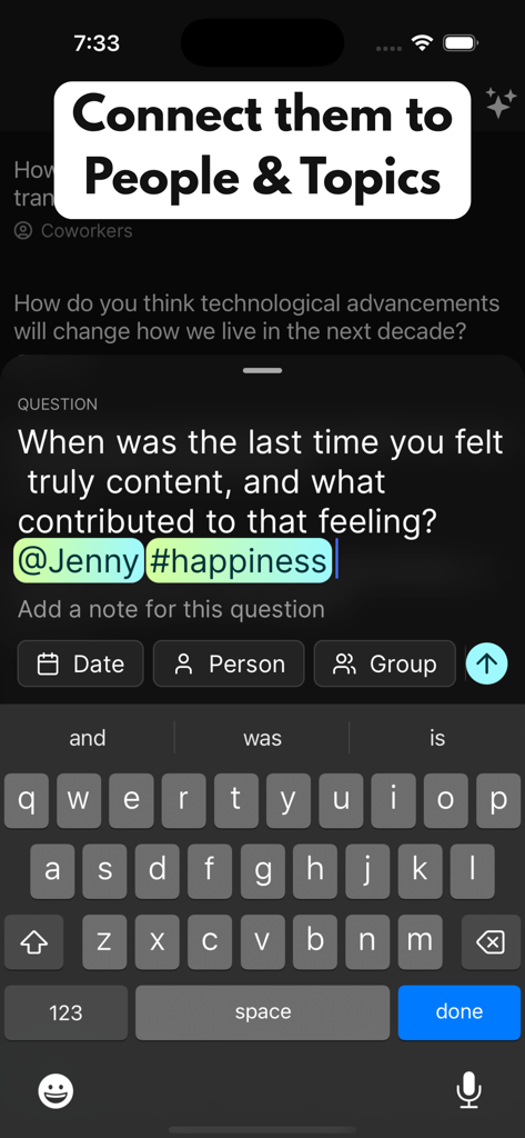 Exo: Have better conversations - Exo app interface for tagging conversation questions with specific people and topics.