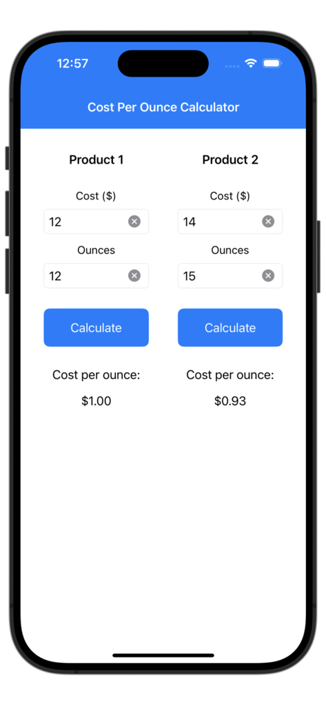 Screenshot of the Cost Per Ounce Calculator app comparing unit prices for two products side by side on an iPhone