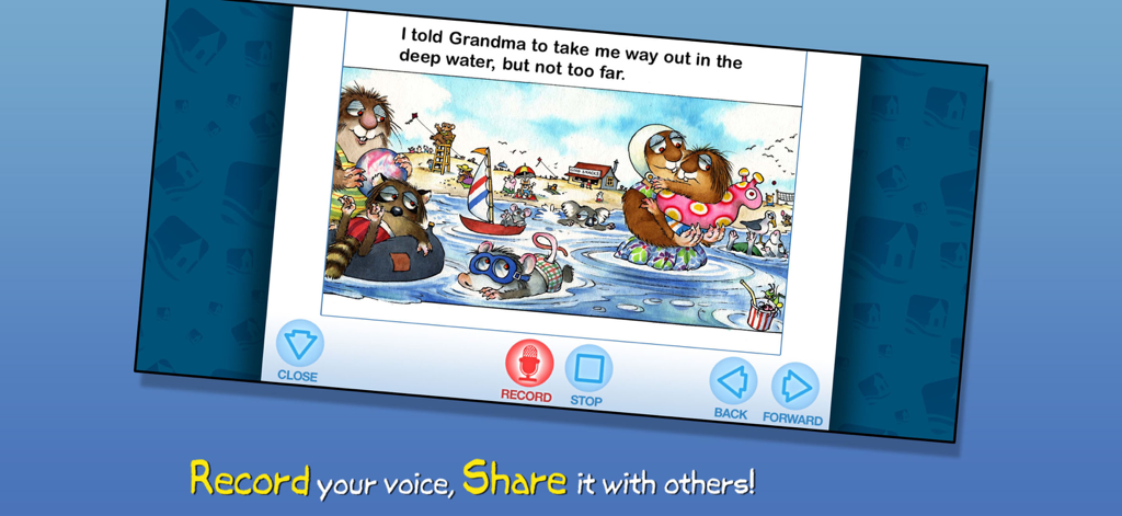 Just Grandma and Me - Interactive screen of the Just Grandma and Me app featuring a voice recording tool for personalized story narration