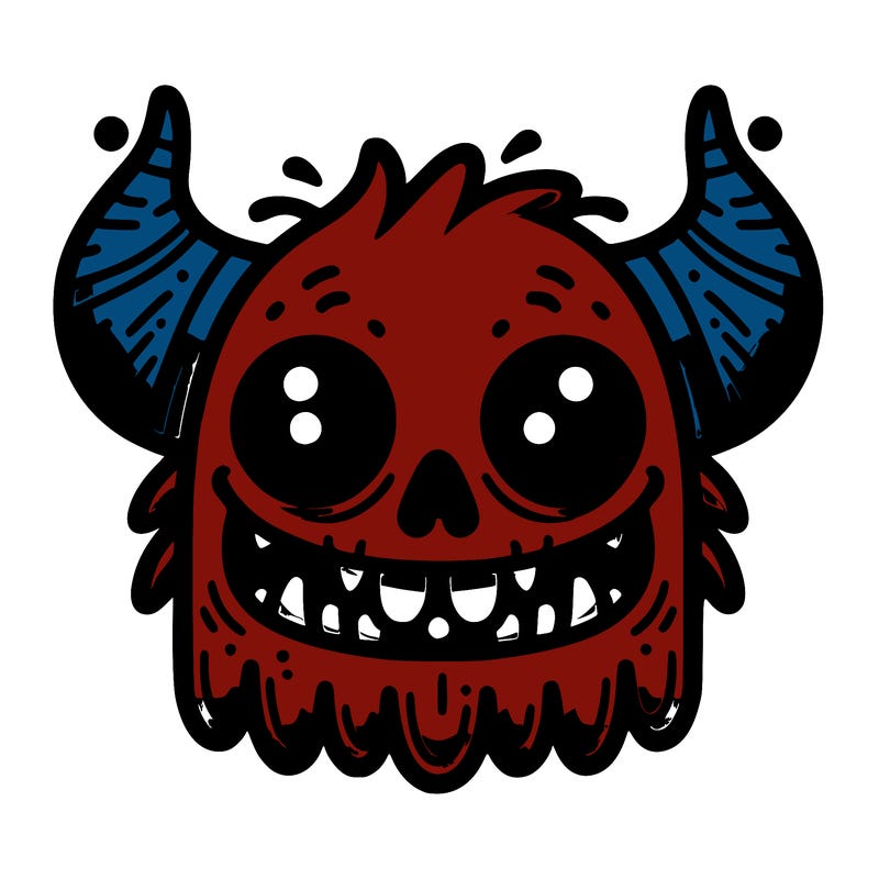 a monster with horns, a skull face, and red eyes