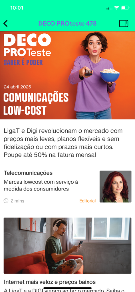 Interfaz digital de la aplicación DECO PROteste Revistas que muestra un artículo sobre telecomunicaciones de bajo costo en Portugal
