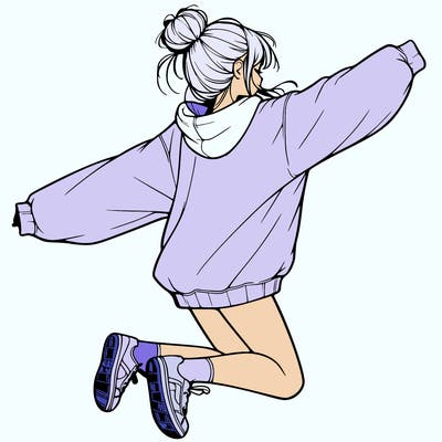 realistic girl jumping with a bun and oversized sweatshirt