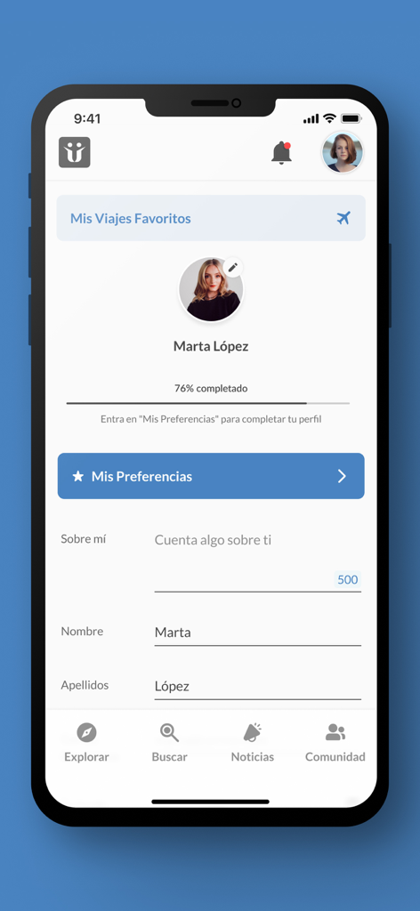 Uniite Travel app user profile interface displaying personal details and preferences.