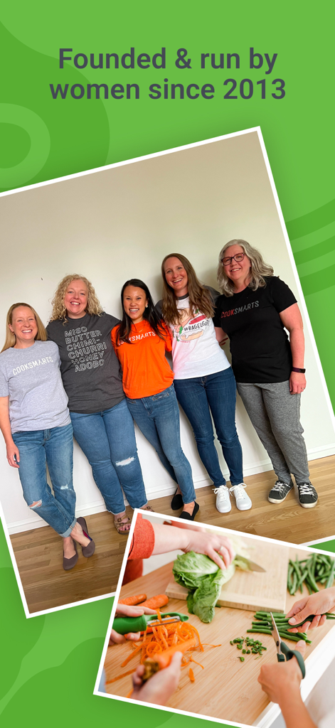 Cook Smarts - Easy Meal Plans - A group of five women founders of the Cook Smarts app with text stating it has been run by women since 2013.