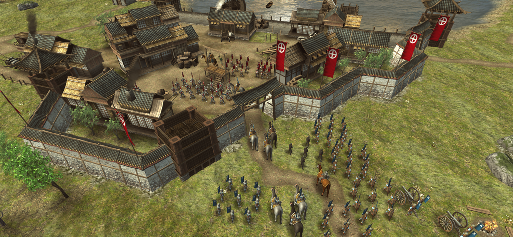 Shogun's Empire: Hex Commander - Tactical gameplay scene showing samurai units and cavalry outside a medieval Japanese fort