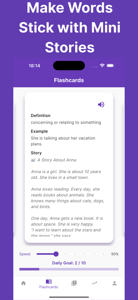 VocabHero: Learn English Fast - VocabHero app interface showing an English flashcard with a definition, example sentence, and a short story.