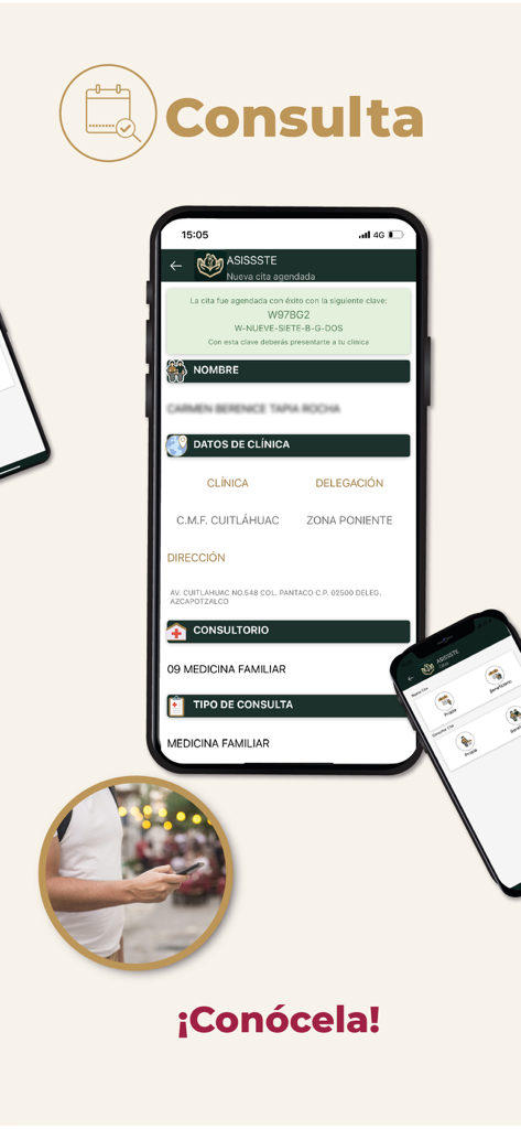 Pantalla de confirmación de cita médica en la aplicación ASISSSTE Movil mostrando detalles de la clínica y tipo de consulta