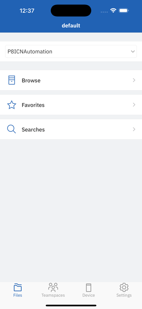 IBM Navigator Mobile - IBM Navigator Mobile app main menu displaying browse favorites and searches options