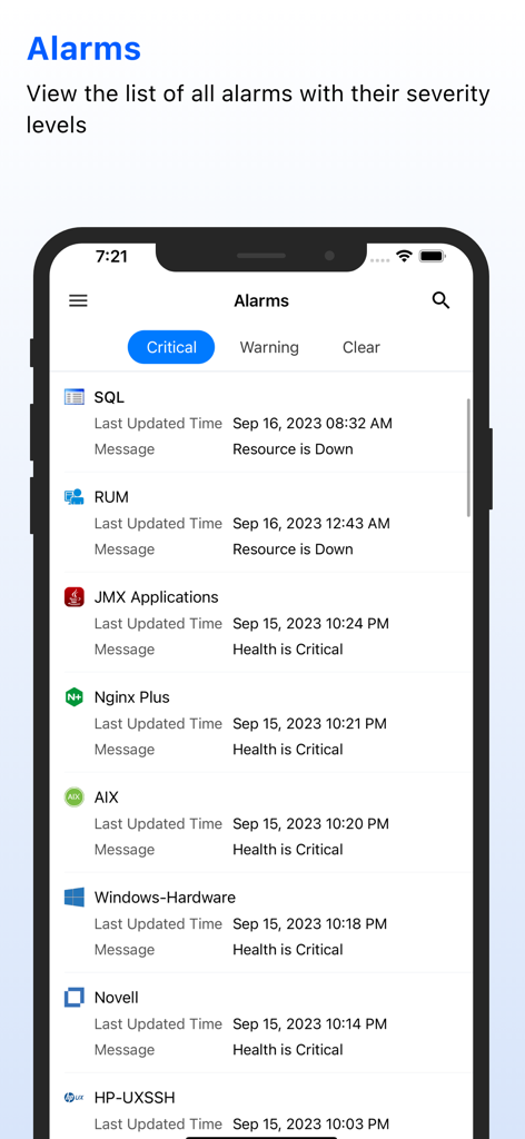 ManageEngine Applications Manager mobile app showing a list of critical IT infrastructure alarms and severity levels