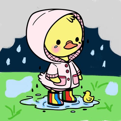 baby duck in a rain coat and boots, in a puddle while it’s raining