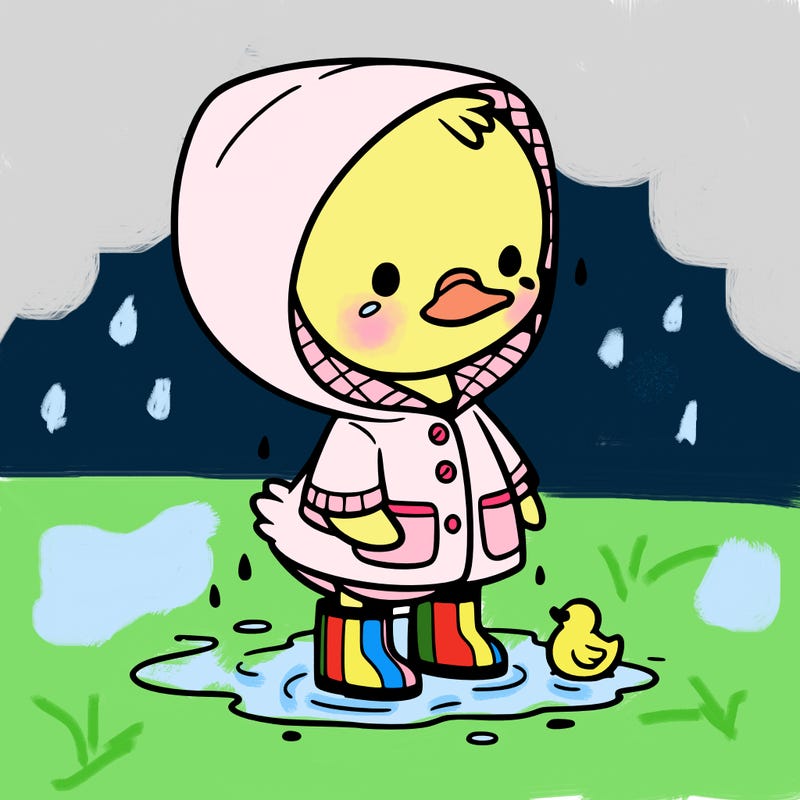 baby duck in a rain coat and boots, in a puddle while it’s raining