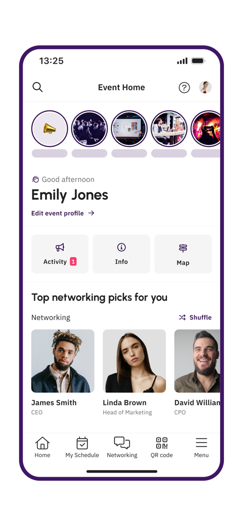 EventsPRO Messukeskus&Expomark - EventsPROアプリのホーム画面に、ネットワーキングのピックとイベントナビゲーションツールが表示されています。