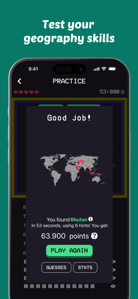 MapGame! - A success screen in MapGame practice mode showing a world map and points earned for finding Bhutan