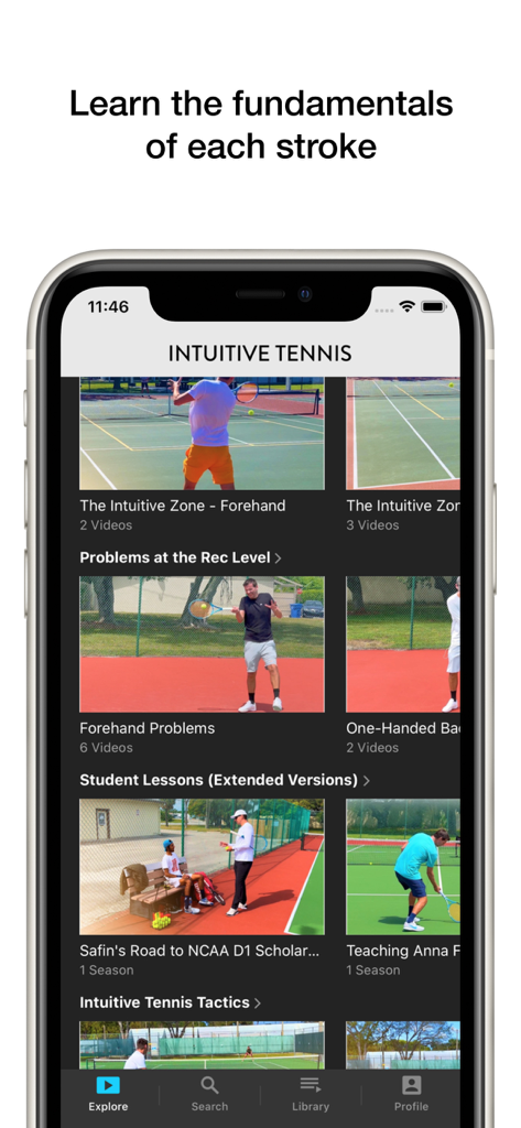 Intuitive Tennis - Intuitive Tennis app interface displaying categories for forehand techniques recreational level problems and student lessons