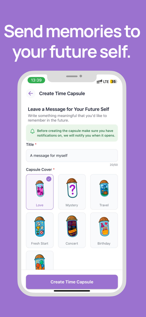 DearFuture app interface for writing a message to your future self