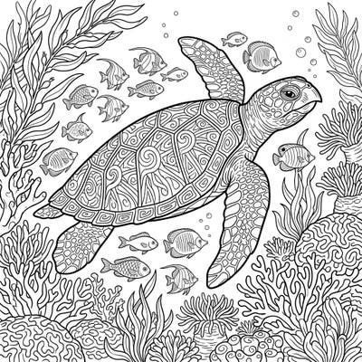 Embark on an ocean exploration with this detailed Hawksbill Sea Turtle coloring page. Featuring a magnificent turtle gracefully navigating a vibrant coral reef, it's perfect for all ages.