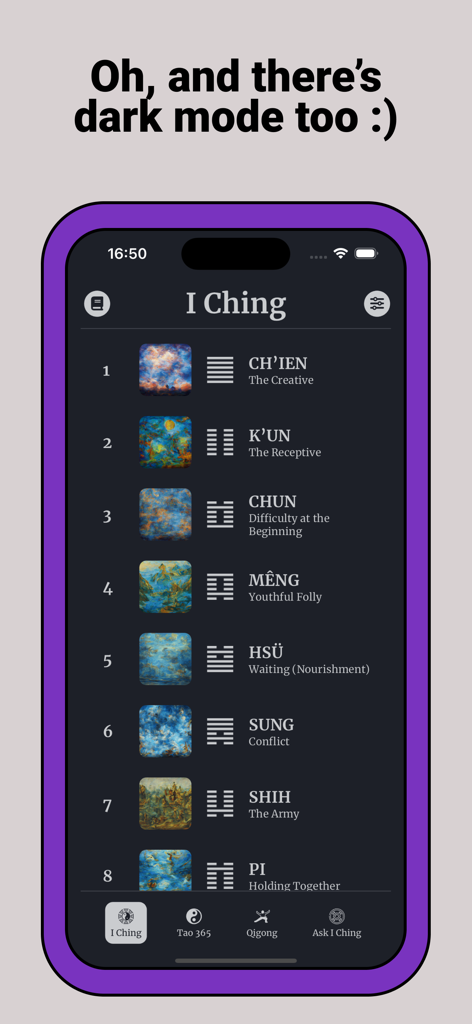 I Ching - Interfaz de la aplicación I Ching en modo oscuro que muestra una lista de hexagramas
