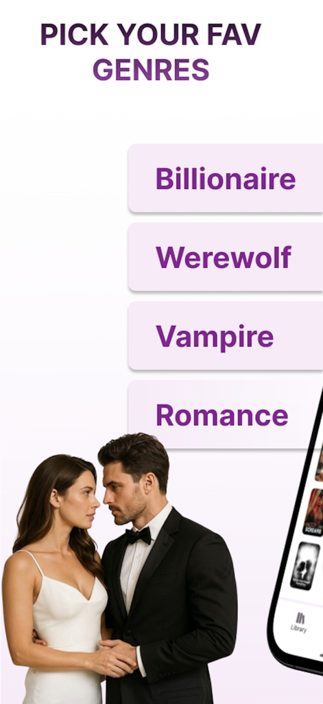 NovelFic-Novels&Fictions Story - Pantalla de selección de géneros de la aplicación NovelFic con categorías de Hombres Lobo Multimillonarios y Vampiros