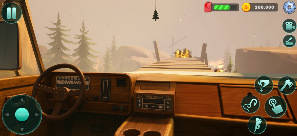 A first person perspective from the interior of an RV cabin driving across a wooden bridge in a forest