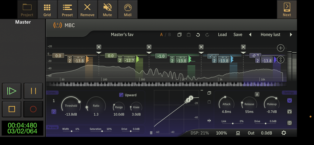 Advanced multiband compressor plugin interface in Audio Evolution Mobile Studio showing frequency analysis and dynamics controls