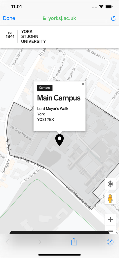 Map view of York St John University main campus within the MyYSJ student app