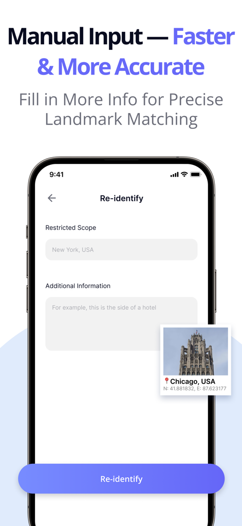 Interface de l'application GeoSnap.ai pour la saisie manuelle de localisation et la correspondance de monuments