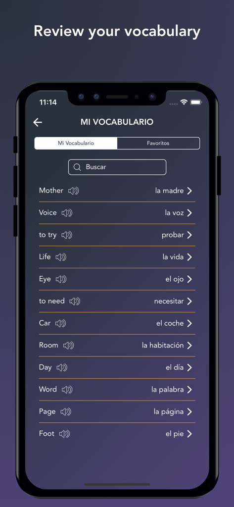 Tobo: Learn English Vocabulary - Mobile app screen showing a list of English words with Spanish translations and audio pronunciation icons.