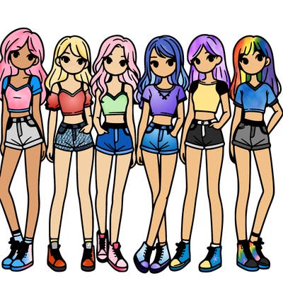 a group of girls wearing crop tops and shorts