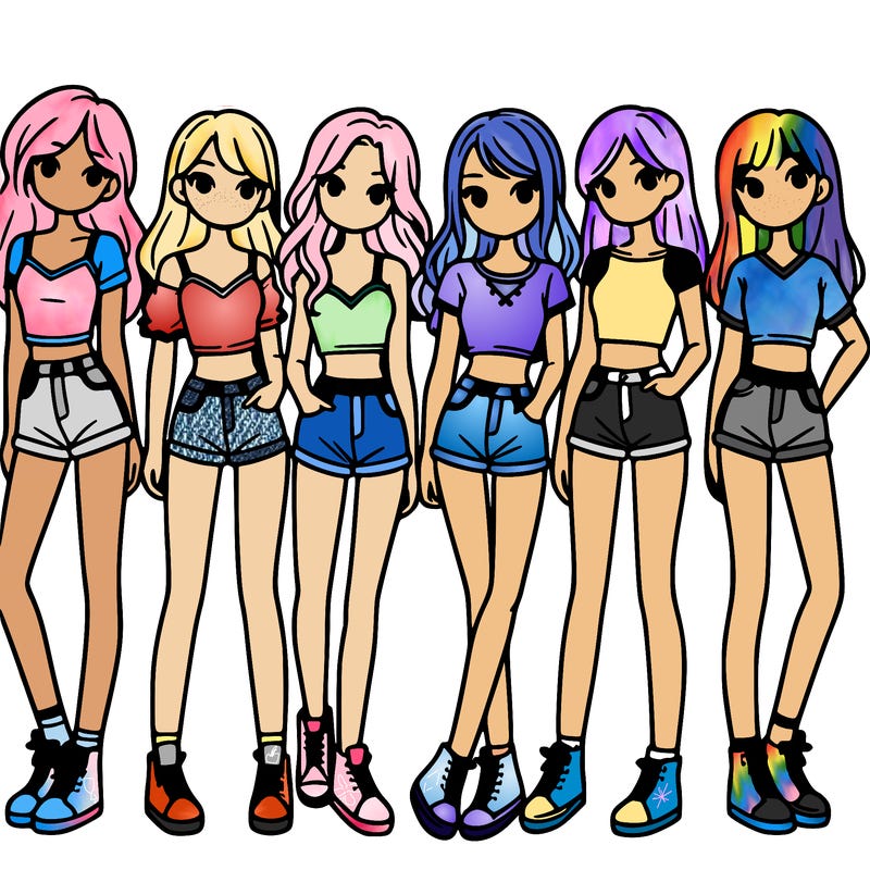 a group of girls wearing crop tops and shorts