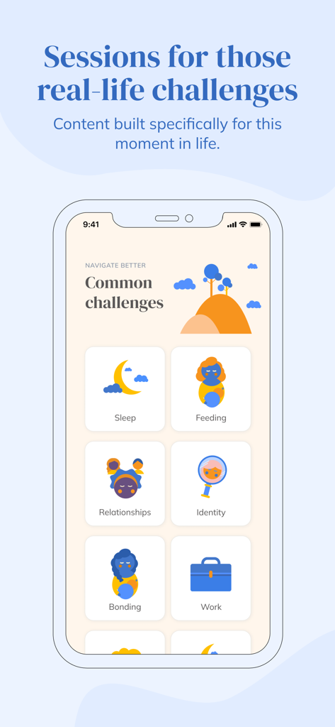 Canopie for Parents - Écran d'application mobile montrant diverses séances sur les défis de la parentalité, y compris le sommeil, l'alimentation, les relations, l'identité et le lien.