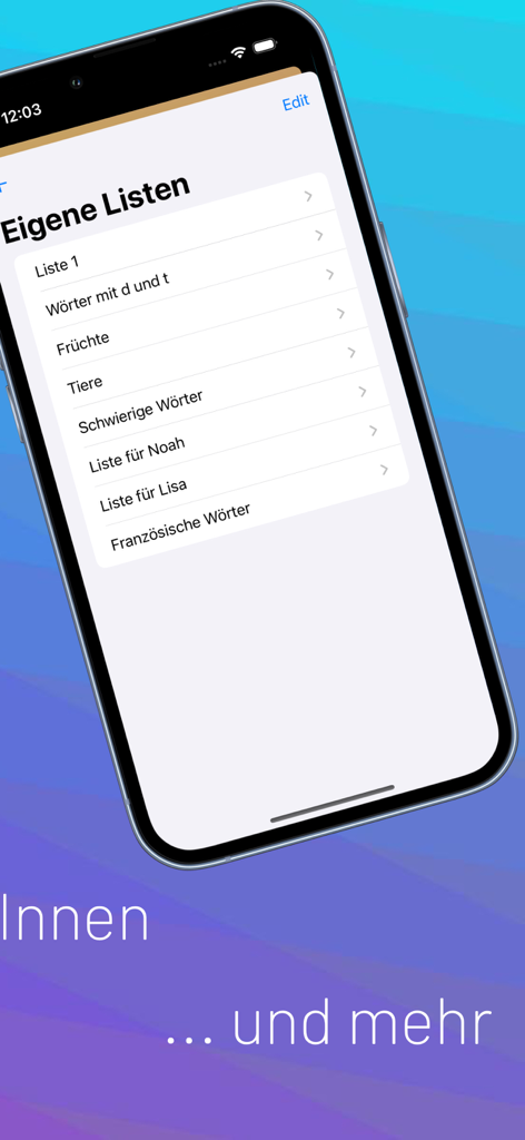 Blitzlesen: Das Original - Écran d'un smartphone affichant la fonctionnalité de listes de mots personnalisées dans l'application de lecture Blitzlesen