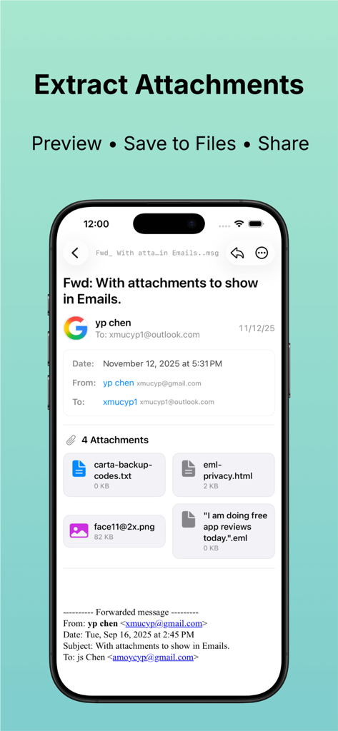 MSG Viewer - Email Opener - Tela do aplicativo MSG Viewer mostrando a extração e visualização de vários anexos de e-mail em um iPhone