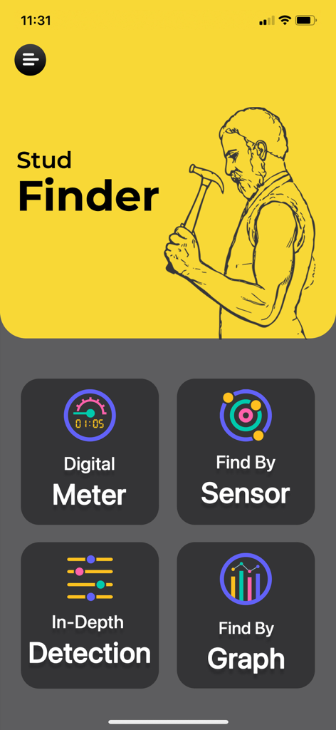 Stud Finder゜ - La pantalla de inicio de la aplicación Stud Finder con opciones para Medidor Digital, Sensor, Detección en Profundidad y Gráfico.